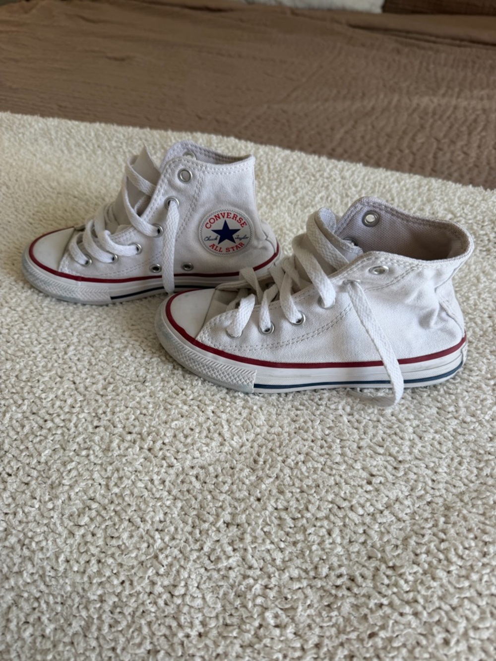 Converse Kids White High Top Sneakers with Red & Blue Trim